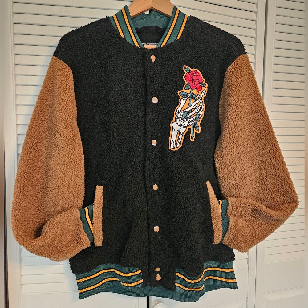 Brooklyn Cloth - Black and Tan Sherpa Varsity Jacket with Rose Patch
